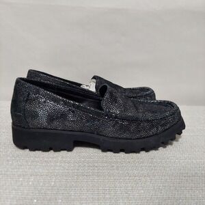 New Donald J Pliner Rio Loafer Women 7.5M Leather Metallic Black Silver Lug Sole